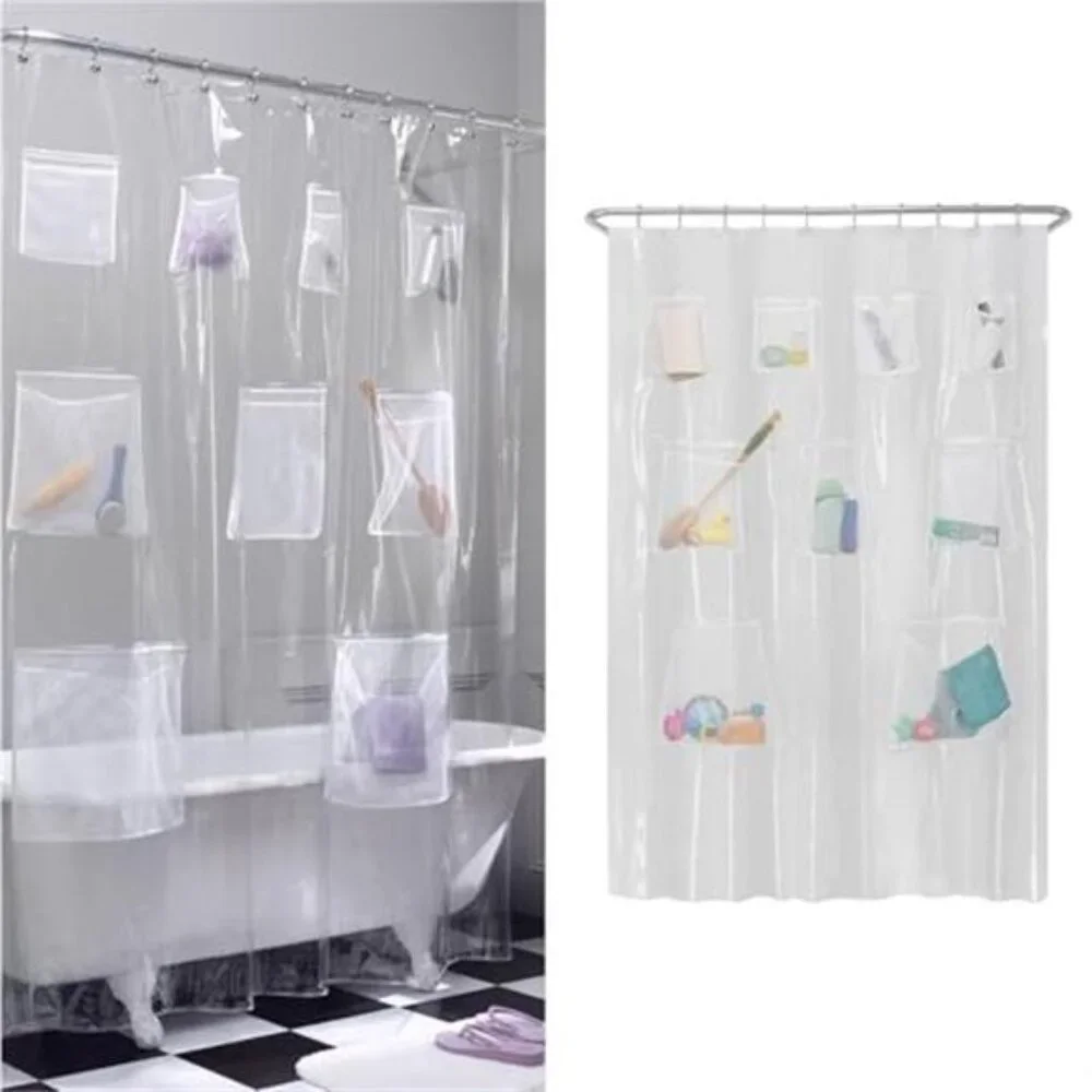 Waterproof Shower Curtain Liner with Storage Pockets Clear Bathroom Organizer 70
